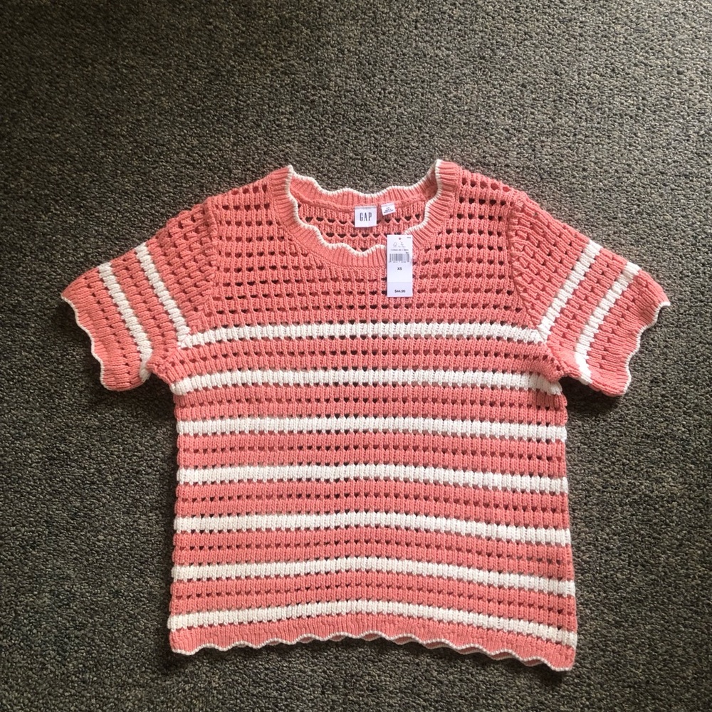 GAP Coral & Cream Striped Crochet Short-Sleeve Sweater top xs